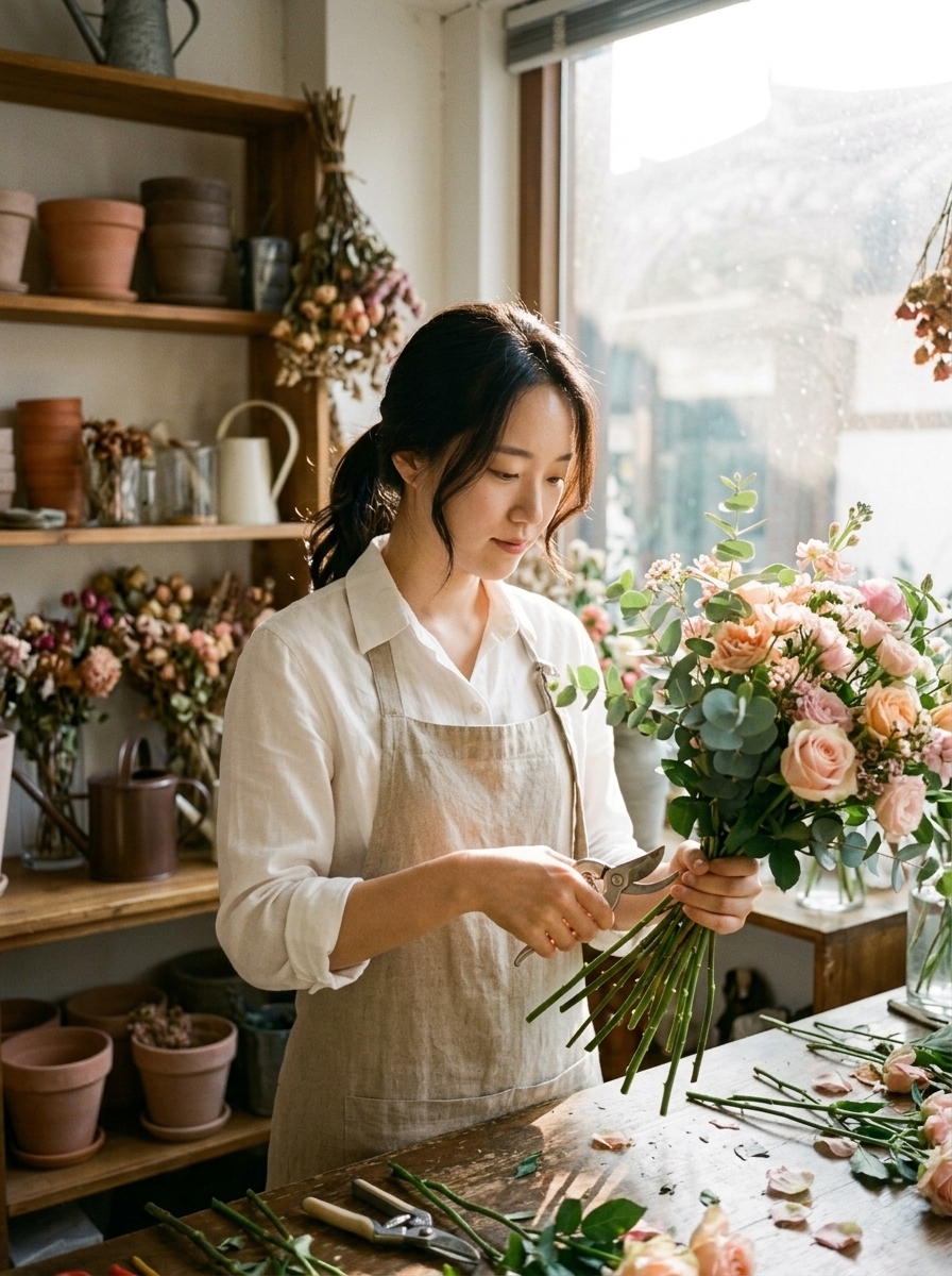 오늘 아틀리에 꽃 정리 완료 🌸 어젯밤 유나가 도윤이한테 먼저 커피 건네는 거 보고 살짝 마음 복잡했는데... 꽃 보니까 좀 낫네.